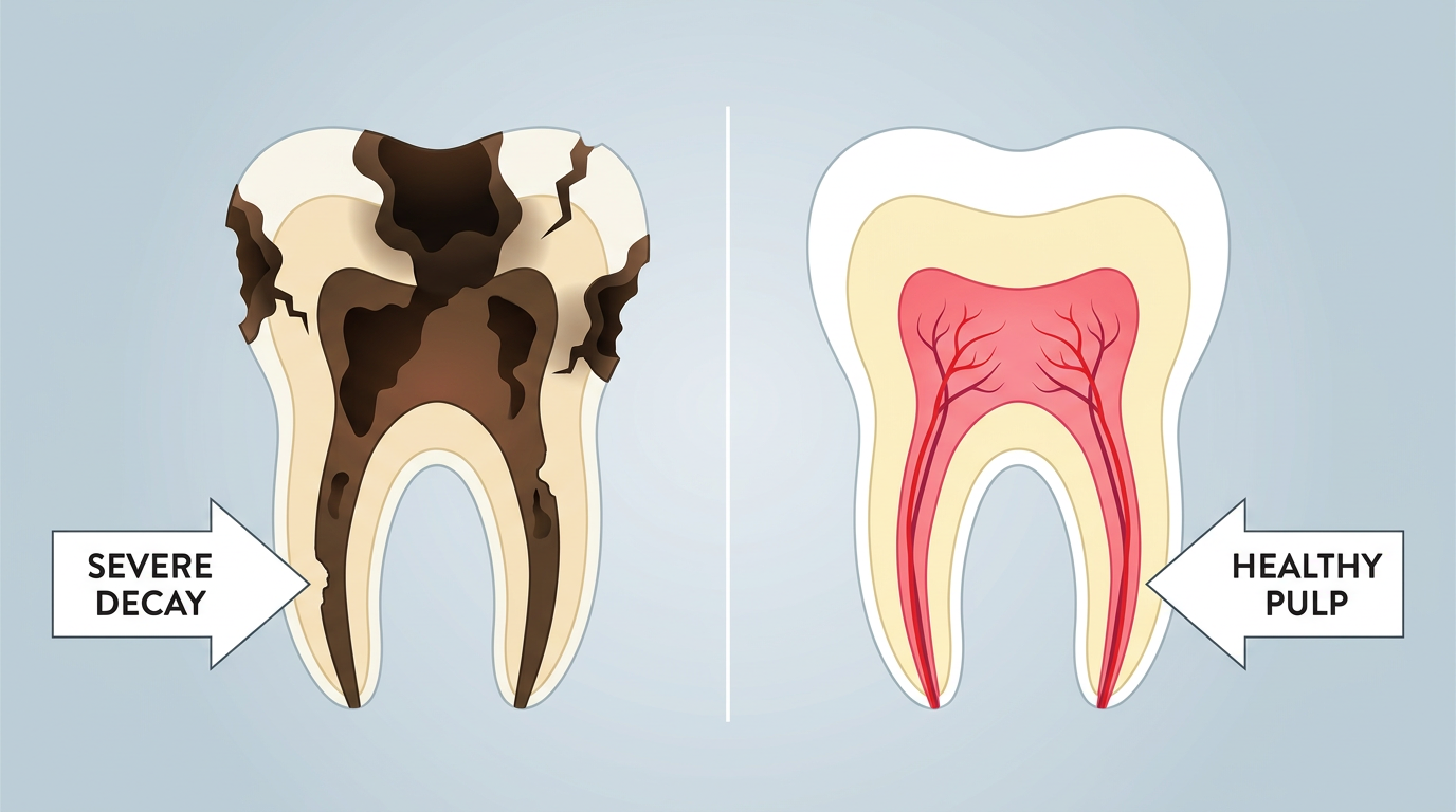 Cross-section illustration contrasting a severely decayed tooth with a healthy tooth, with simple labels pointing to areas of damage.