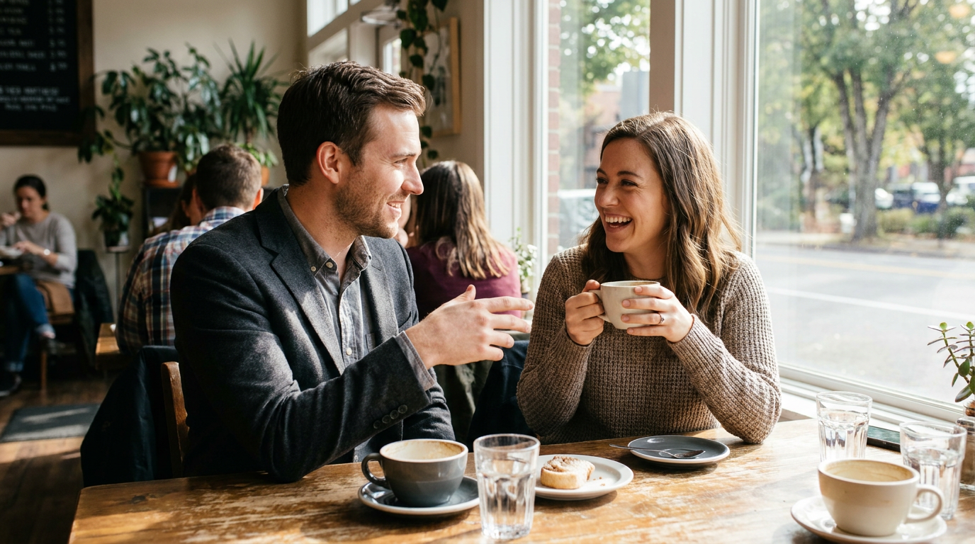Photorealistic lifestyle scene of Brandon talking casually with his sister Megan over coffee at a sunlit cafe window seat, smiling genuinely.