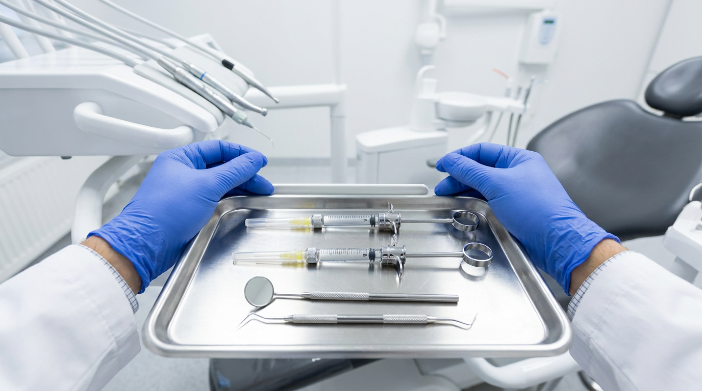 Photorealistic overhead view of a clean dental treatment tray with local anesthetic syringes, a mirror, and a dental pick, ready for a procedure.
