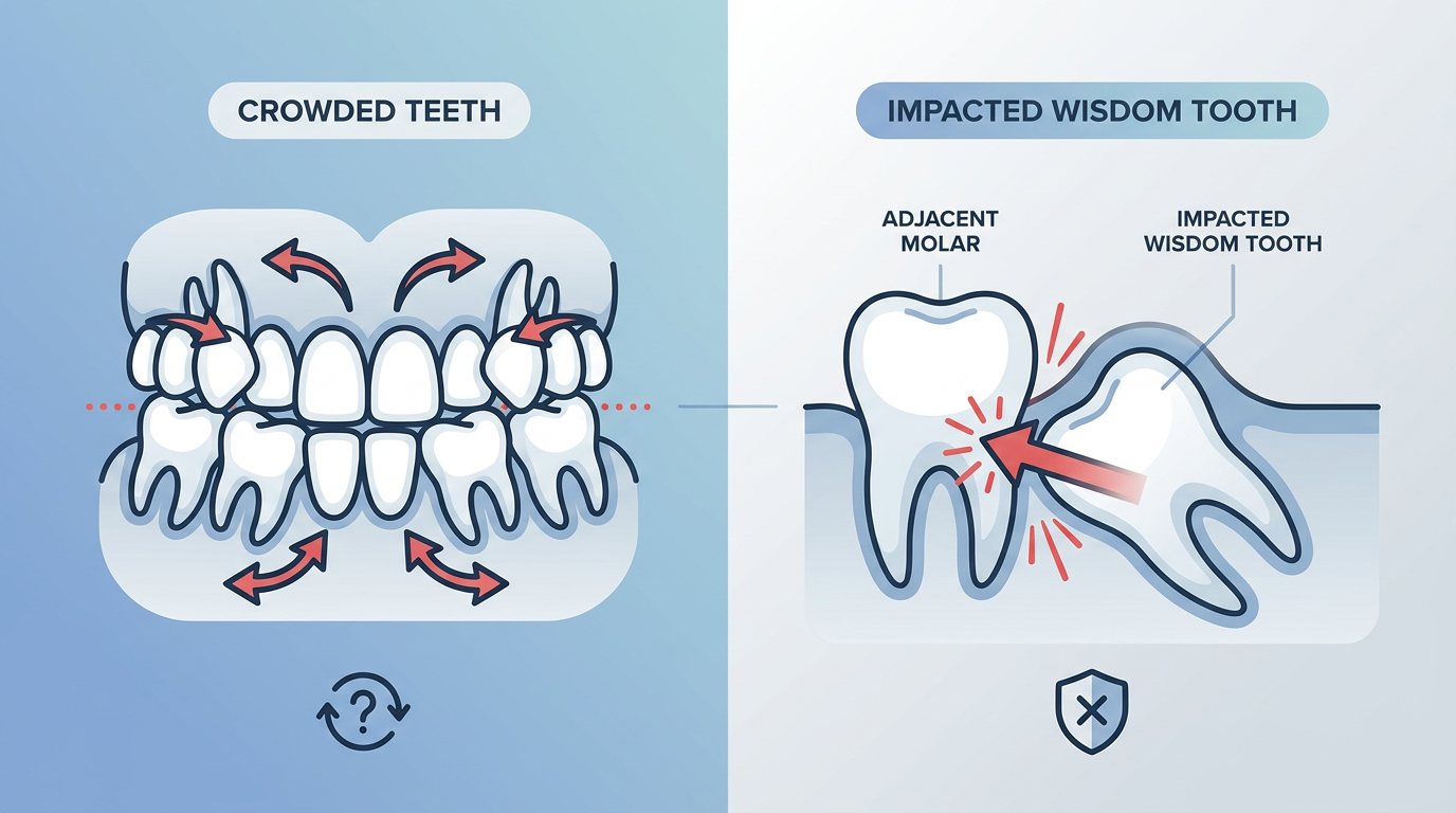 Two side-by-side illustrations comparing crowded teeth with arrows marking misalignment and an impacted wisdom tooth beneath the gum.