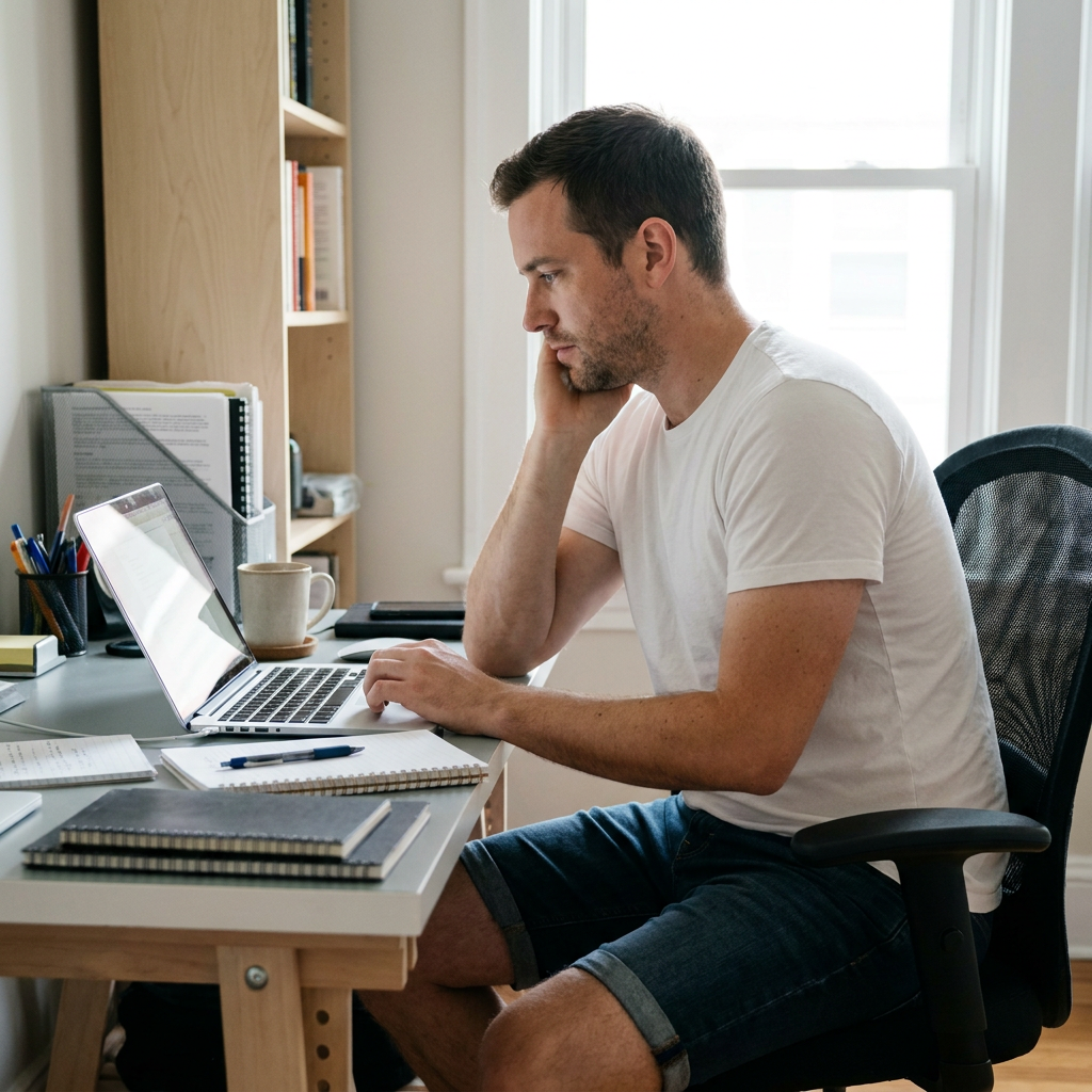 Brandon, sits at his office desk, pressing his hand to his jaw, looking pensive at his computer screen.