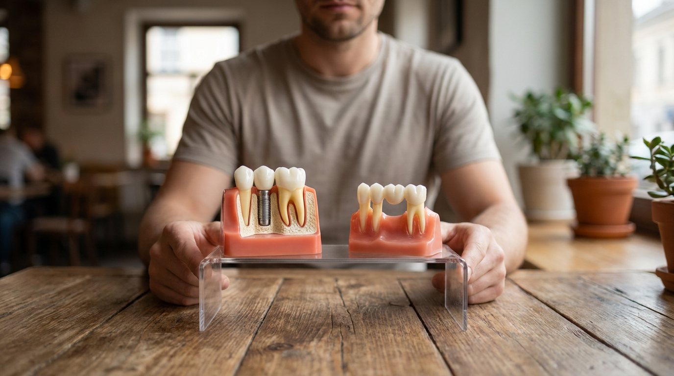 Photorealistic dental implant model with a crown on a stand next to a dental bridge model, showcasing two common tooth replacement options side by side.