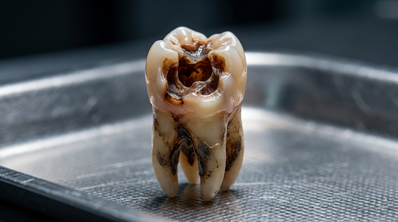 Photorealistic close-up of a single molar with visible deep decay reaching the gum line, emphasizing the compromised tooth structure.