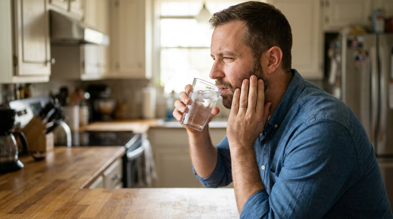 Photorealistic side profile of Brandon, wincing subtly as he sips from a glass of ice water at his kitchen counter, hand gently touching his jaw.