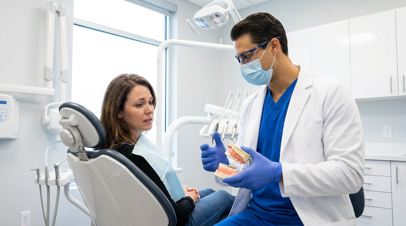 Rebecca, sits in a modern dental chair, looking slightly anxious but attentive as Dr. Daniel Middleton, a male dentist, gestures towards a dental model while explaining treatment options.