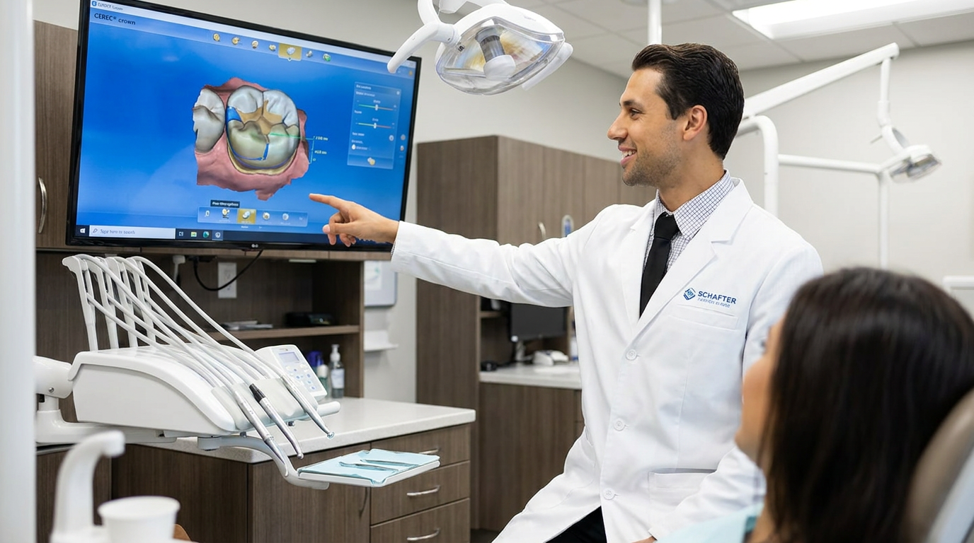 Dr. Daniel Middleton, a male dentist, in professional attire, stands beside a large digital screen displaying a 3D model of a tooth requiring a CEREC® crown, explaining the design to a patient who is out of frame.