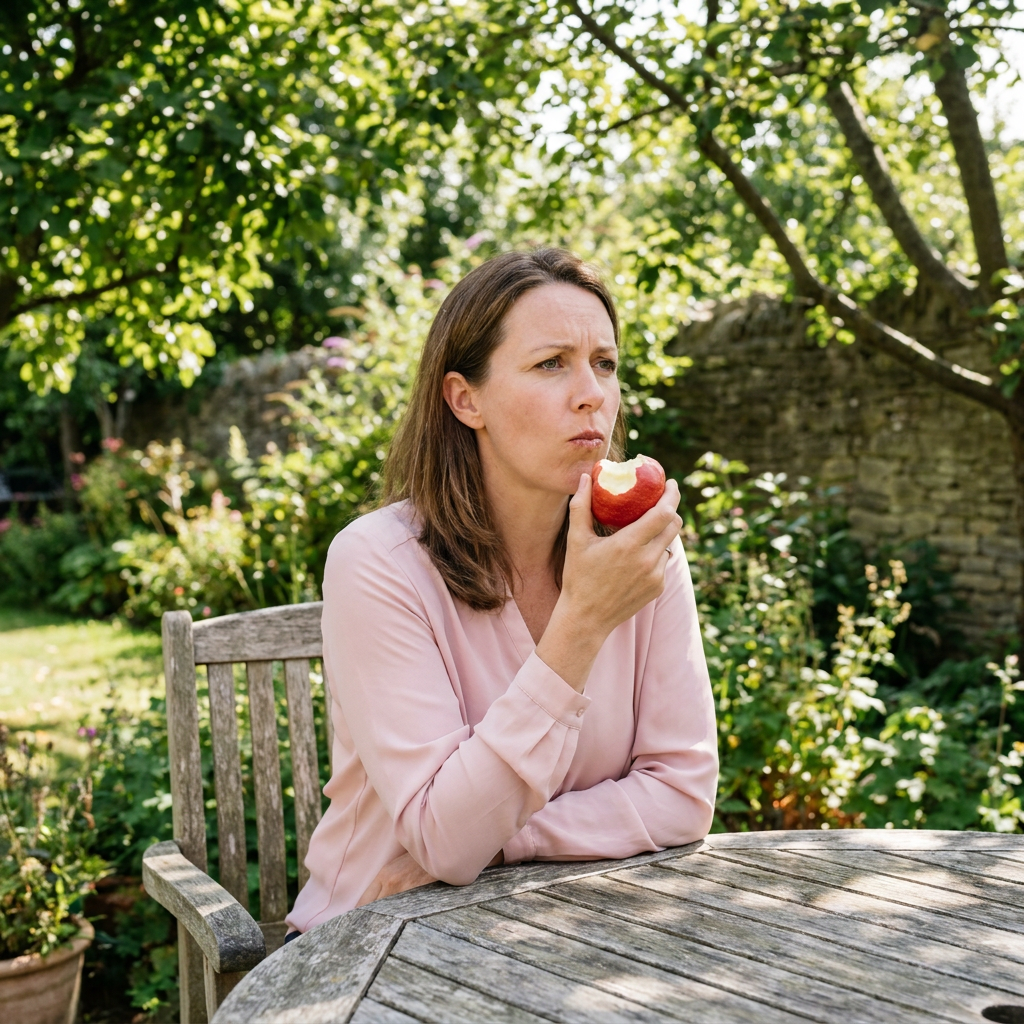 Rebecca, holds an apple with a bite taken out, mid-chew, with a thoughtful expression on a garden patio.