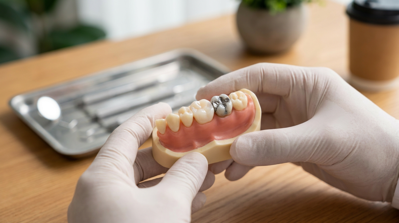 A macro shot focuses on a small, nearly invisible composite filling blending seamlessly into a molar on a dental model, next to an older, distinct silver amalgam filling on an adjacent tooth.
