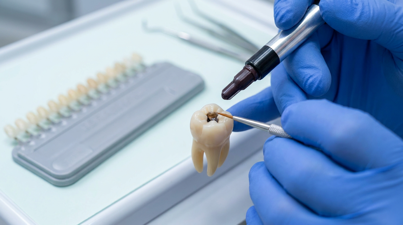 Close-up of a composite resin syringe and a fine-tipped applicator held by a gloved hand, poised over a replica tooth model clearly showing a small cavity.