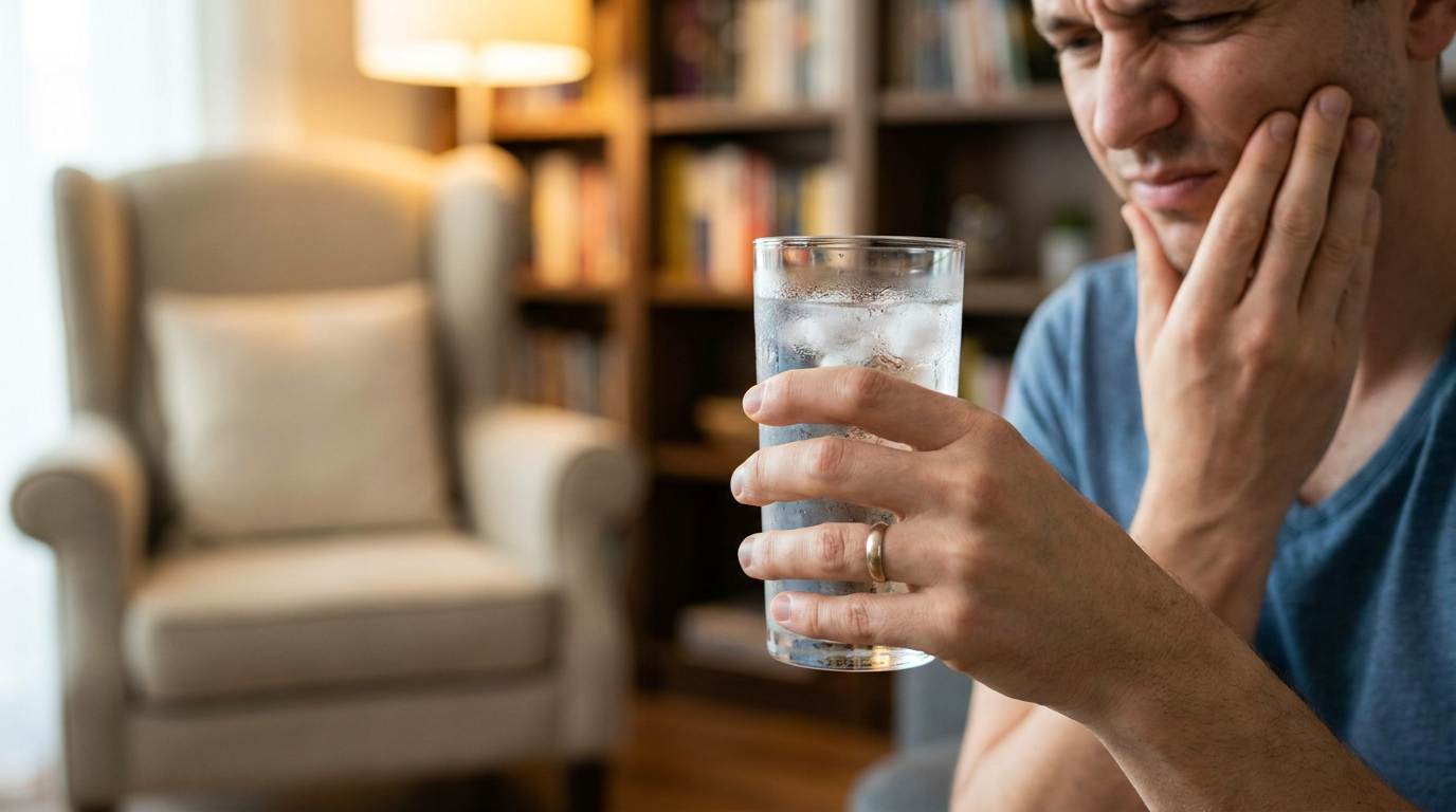 A patient's hand holds a glass of ice water, with condensation visible, slightly recoiling from a sensitive tooth.