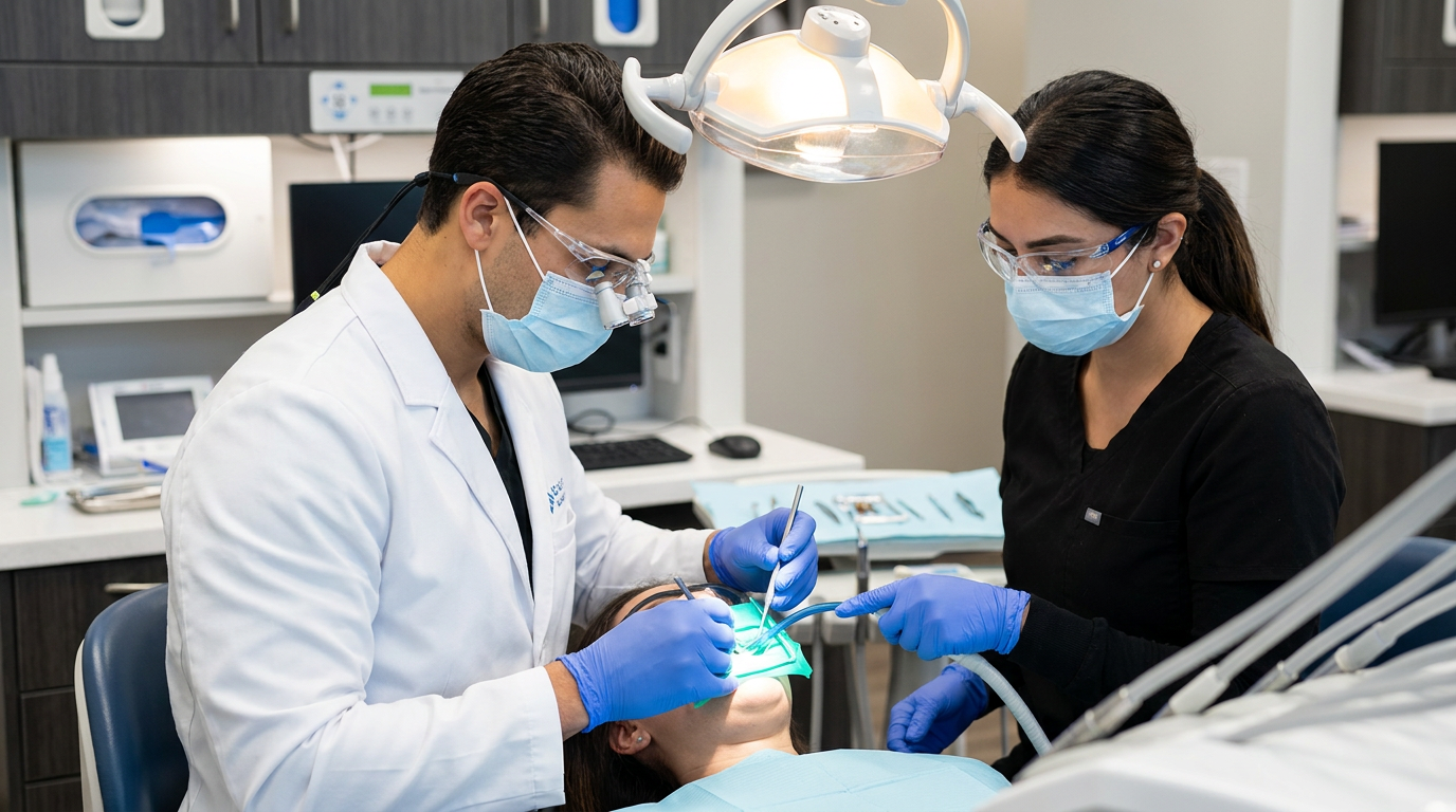 Dr. Daniel Middleton, a male dentist, and his female dental assistant both wear clinical attire and protective masks, leaning over a patient in a dental chair, illuminated by the bright overhead dental light.