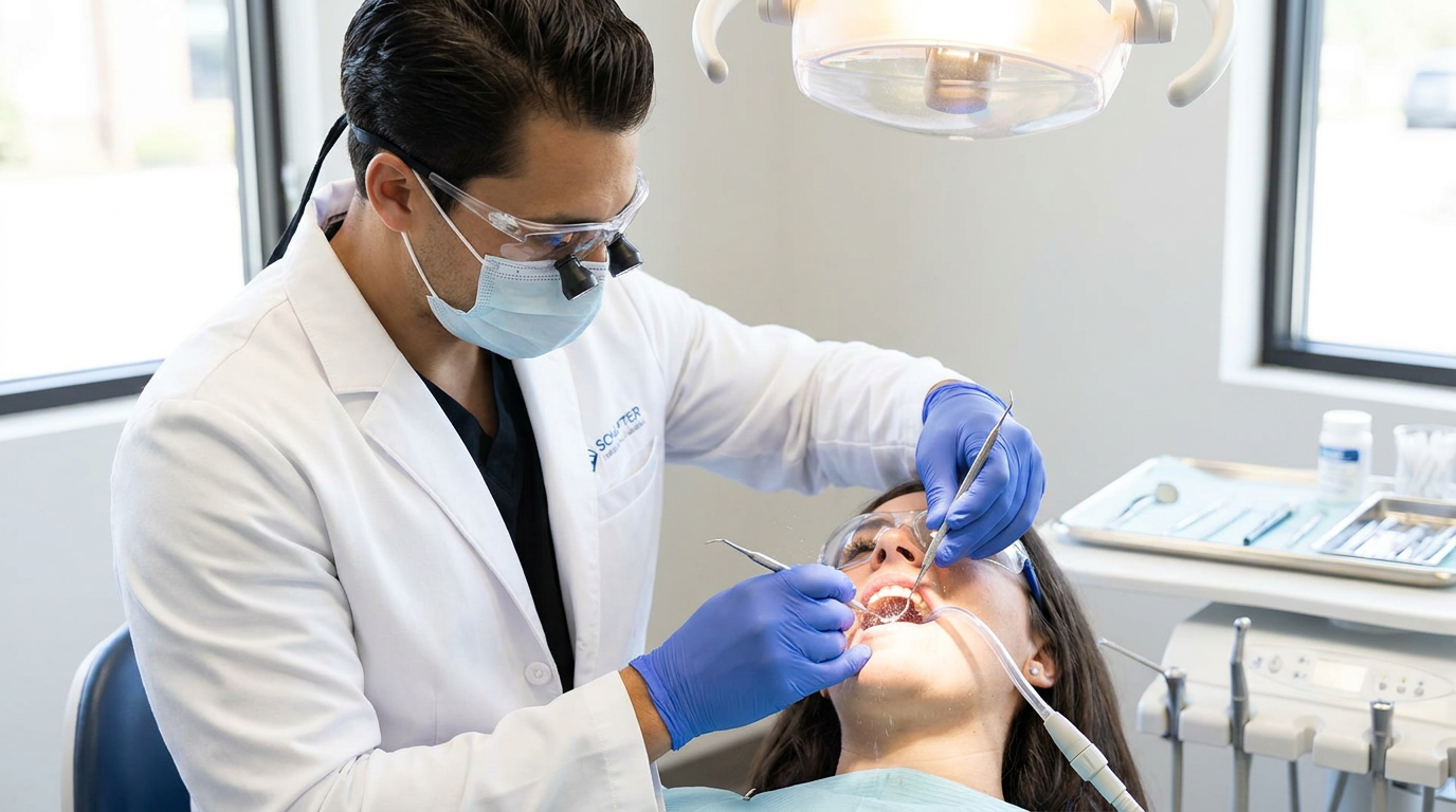 Dr. Daniel Middleton, wearing blue scrubs, gently cleans a patient's teeth using a dental scaler, with water and suction visible.