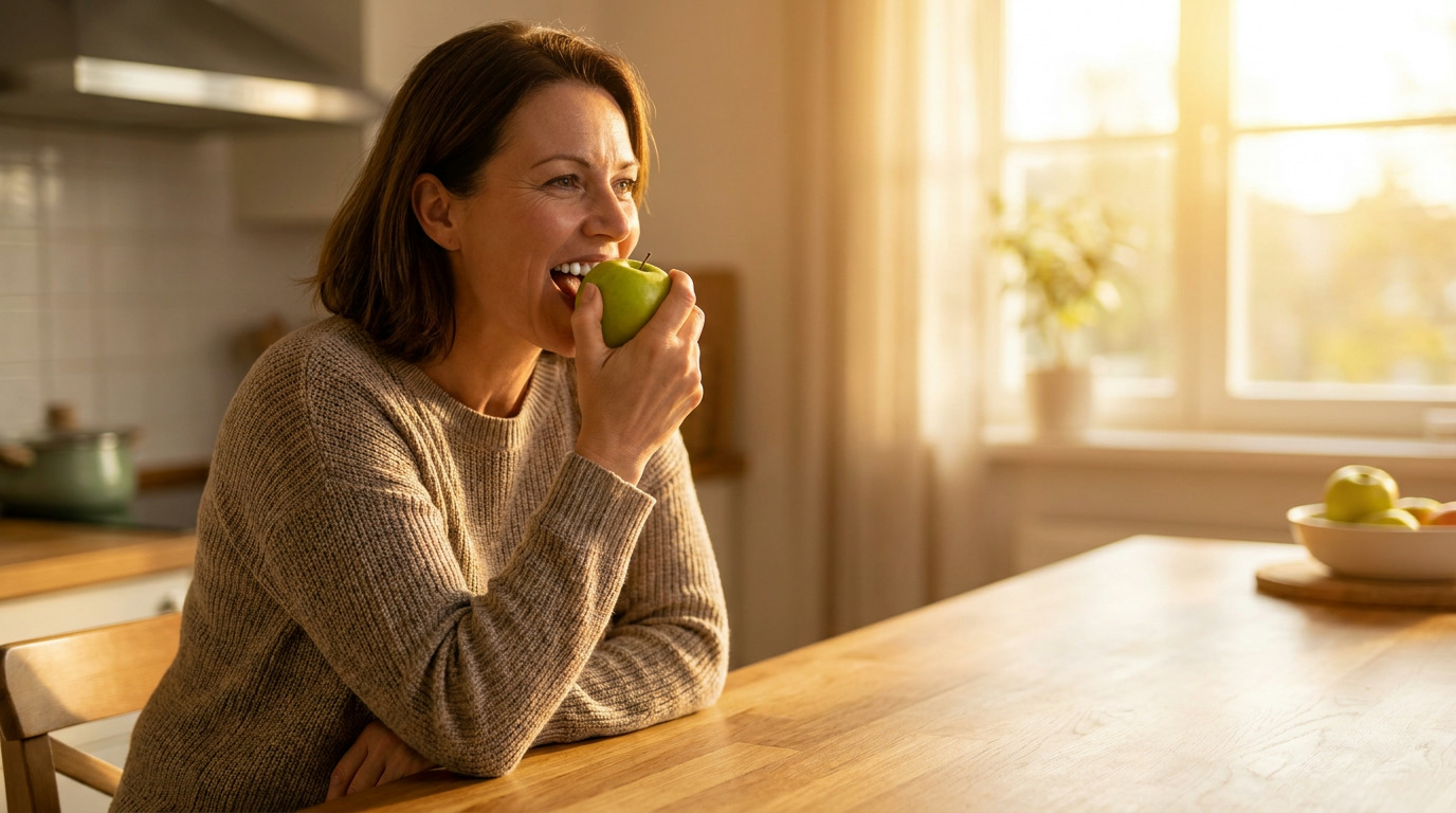 Lily, wearing a beige sweater, sits at a wooden kitchen table, biting into a green apple with a bright window and a bowl of fruit in the background.