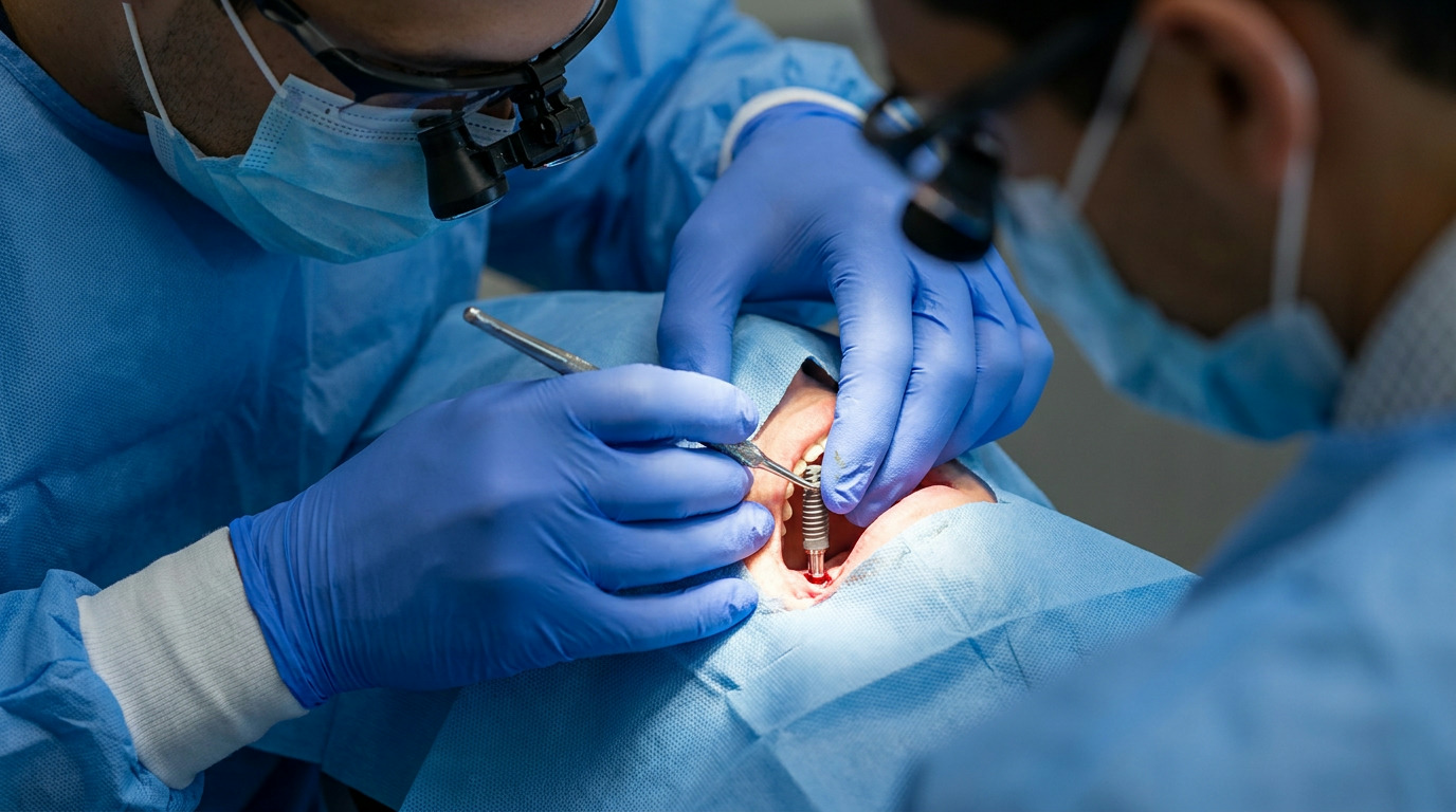 Two dentists in blue surgical gowns, masks, and loupes work on a patient's mouth, placing a dental implant into the jawbone with gloved hands and a surgical tool.