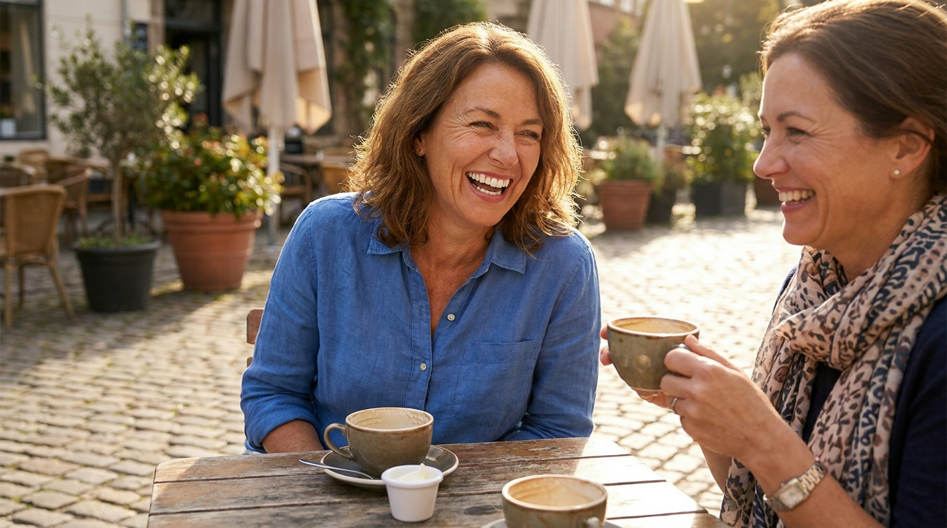Two women laugh while sitting at an outdoor cafe table with coffee cups, one wearing a blue shirt and the other a patterned scarf.