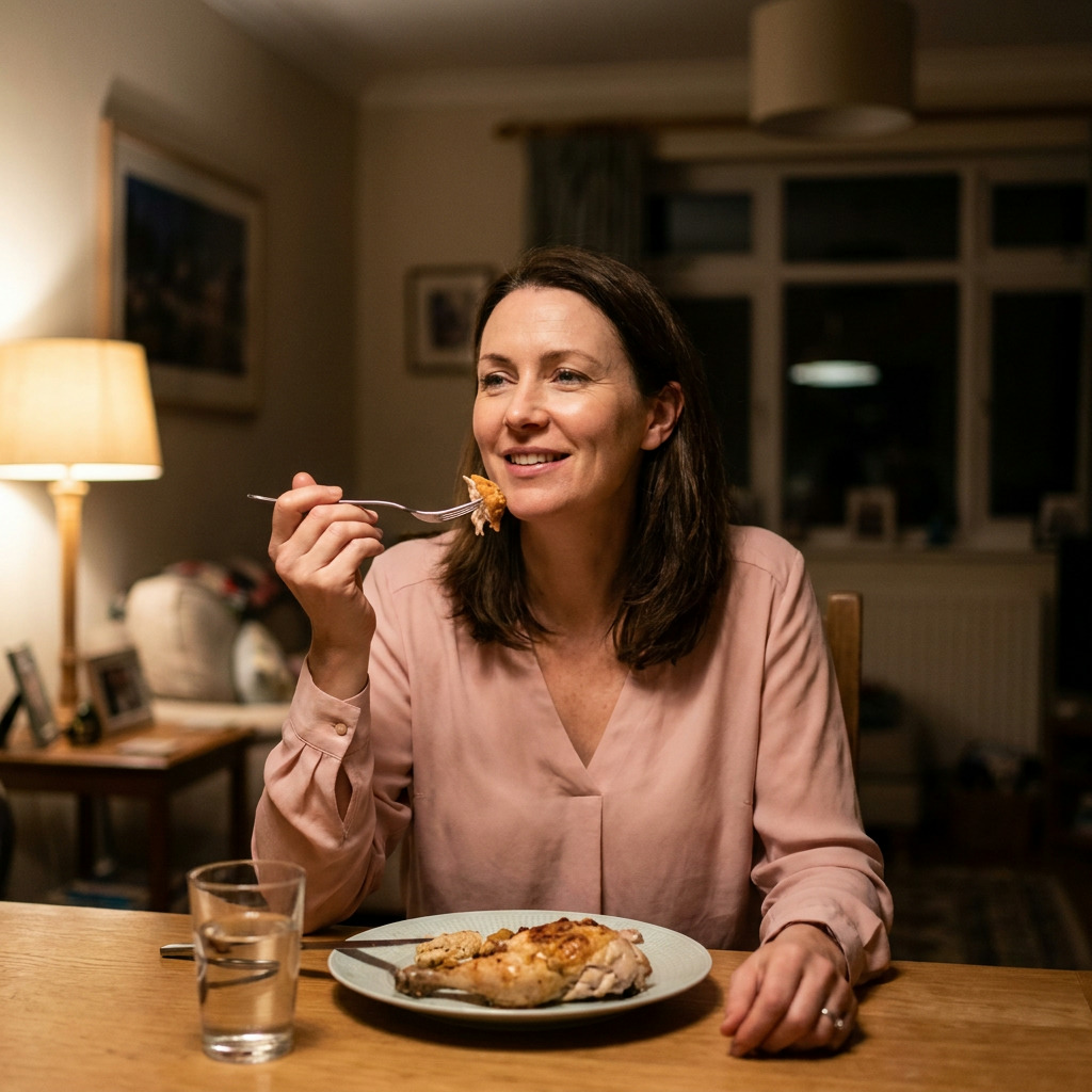 Lily sits at a wooden dining table, wearing a pink blouse, holding a fork with food near her mouth, with a plate of chicken and a glass of water in front of her.