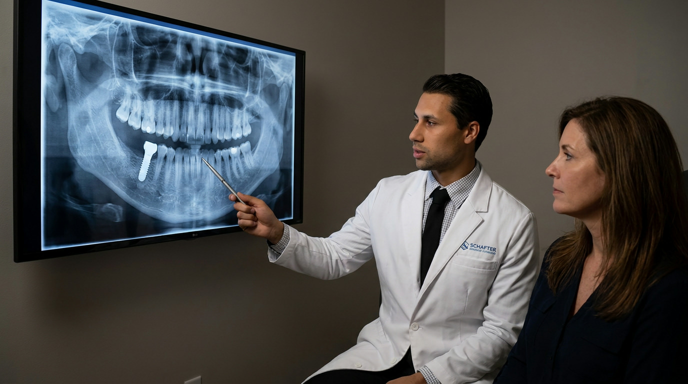 Dr. Daniel Middleton, wearing a white lab coat, points a silver pen at a large monitor displaying a dental X-ray with an implant, while Lily sits beside him, looking at the screen.