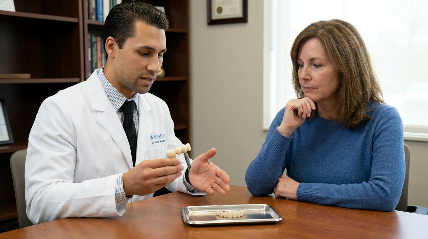 Dr. Daniel Middleton, wearing a white lab coat and tie, sits at a wooden table holding a dental implant model and gesturing towards a woman in a blue sweater who is looking at a dental bridge on a tray.