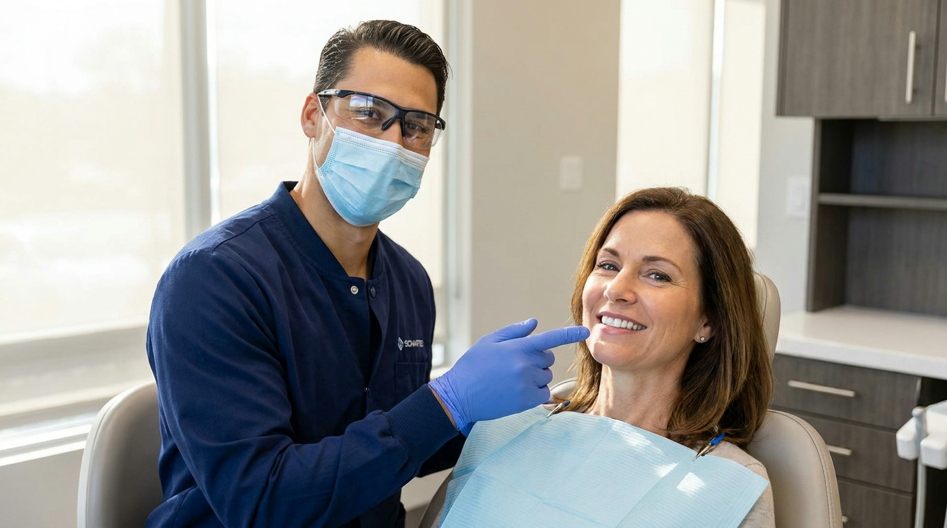 A dentist in a blue scrub jacket, mask, and safety glasses points to a smiling patient's teeth in a modern dental operatory.