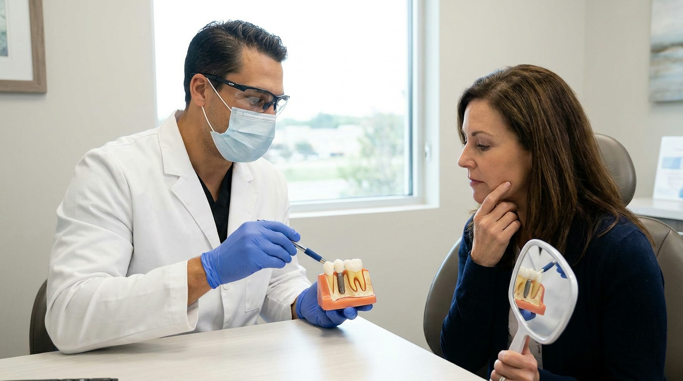 Dr. Daniel Middleton, wearing a lab coat, mask, and gloves, points with a pen to a dental implant model while explaining to Lily, who holds a mirror and listens intently in a consultation room.