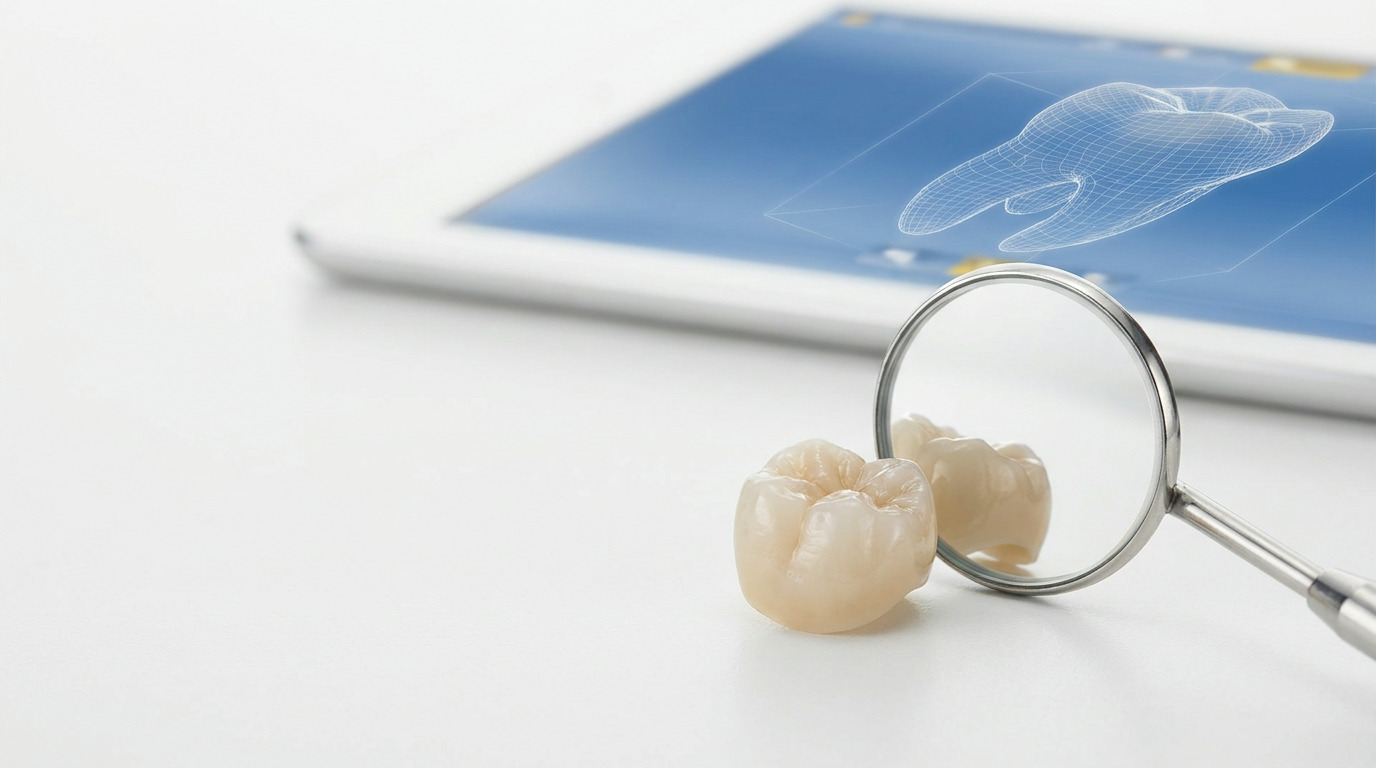 A ceramic dental crown rests next to a dental mirror reflecting the crown, with a tablet displaying a wireframe 3D tooth model in the blurred background.