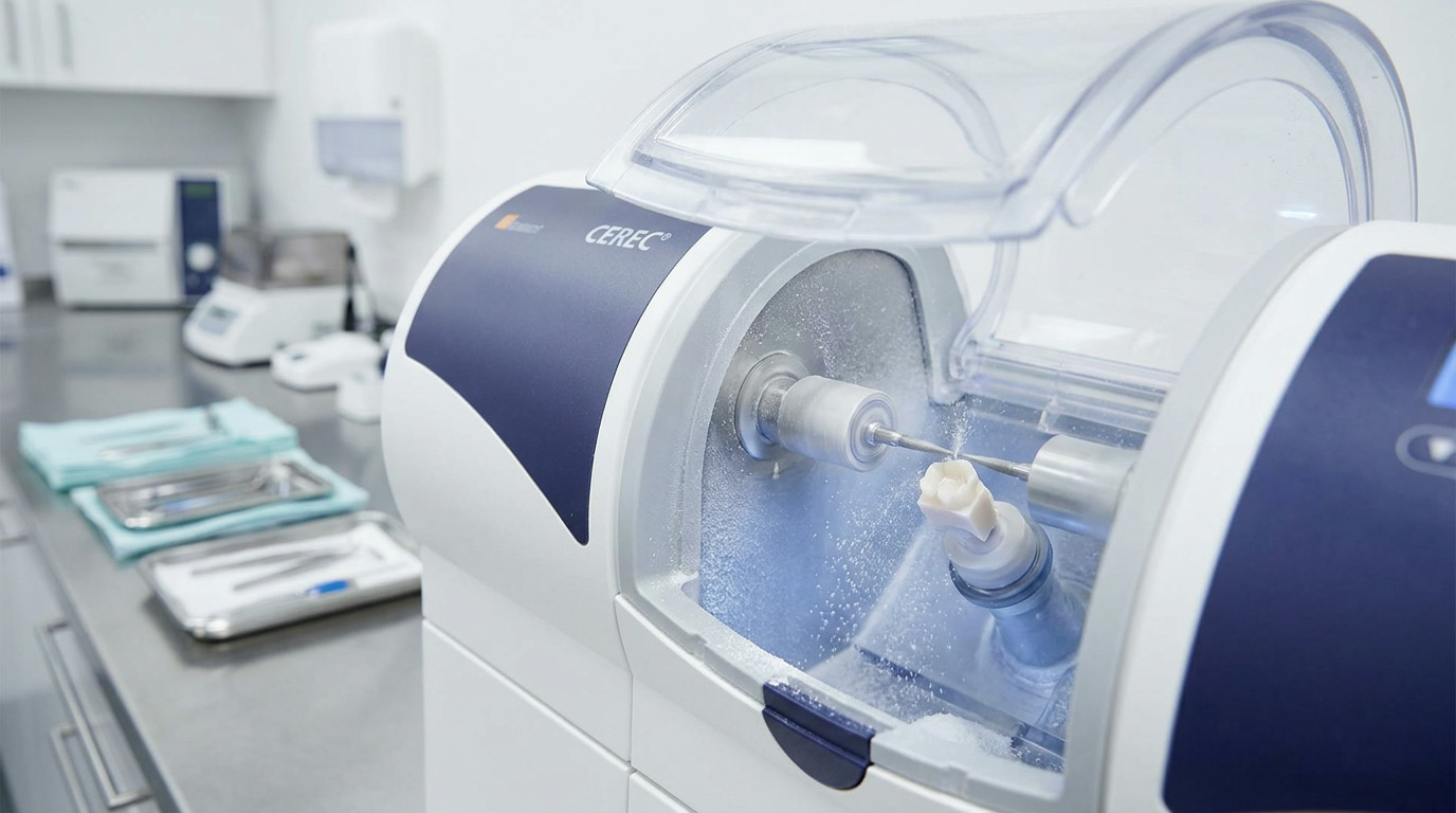 A CEREC milling unit carves a dental crown from a ceramic block, with ceramic dust visible, in a clean dental lab with instruments on a metal counter.