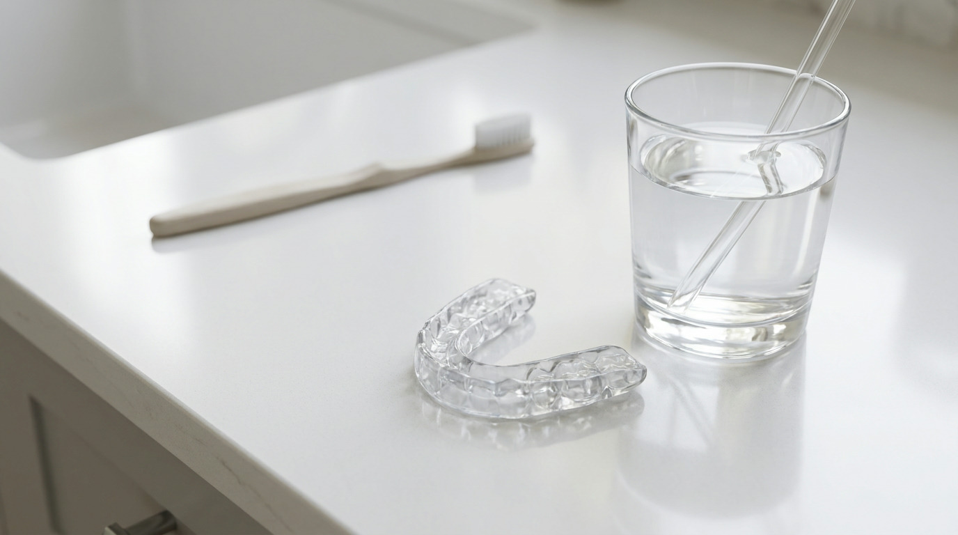 A clear bite splint, a glass of water with a straw, and a toothbrush rest on a white countertop next to a sink.