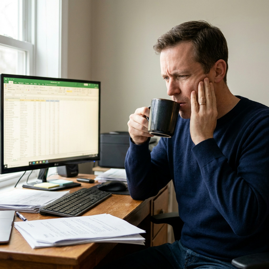 A man in a navy sweater sits at a wooden desk, holding a dark mug to his mouth, touching his cheek, and looking at a computer monitor displaying a spreadsheet.
