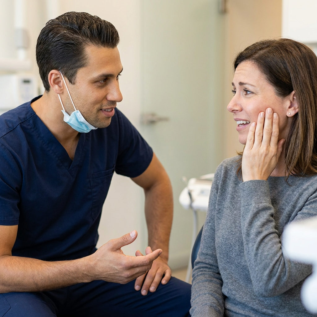 A Jenison dentist in navy scrubs listens to a patient in discomfort at Boeschenstein and Middleton Family Dentistry.