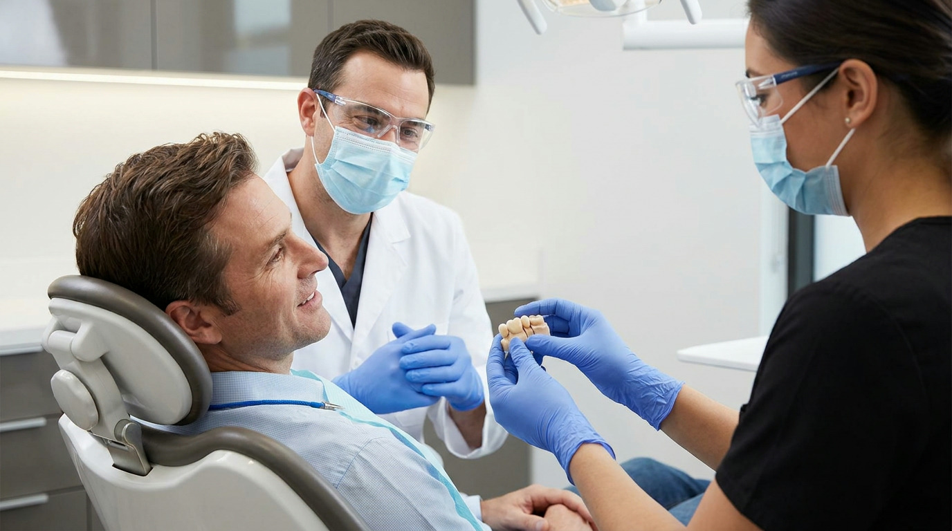Dr. Daniel Middleton, a dentist in a white coat, mask, and safety glasses, sits beside patient Brian in a dental chair. A dental assistant in a black scrub top, mask, and safety glasses holds up a model of teeth.