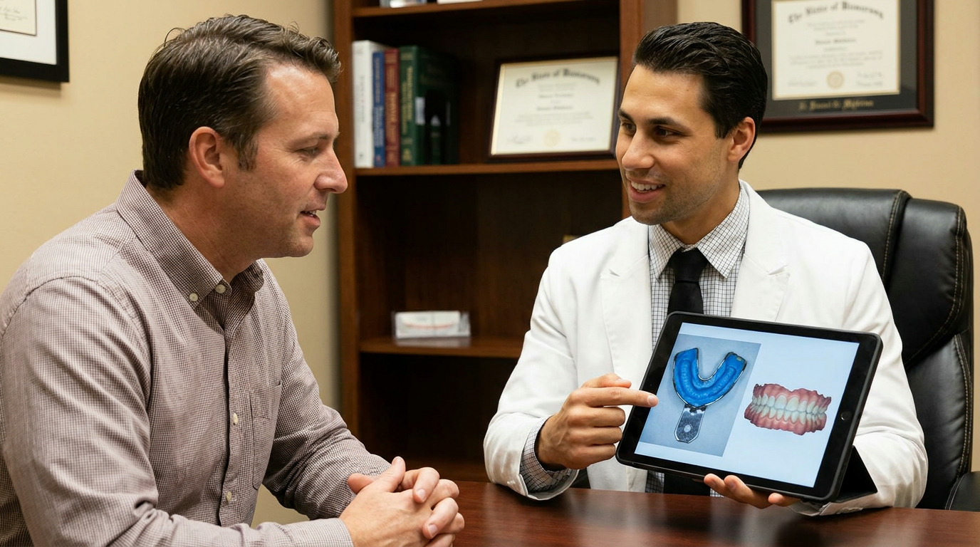 Dr. Daniel Middleton, wearing a white lab coat, points to a tablet showing a dental impression tray and a 3D teeth scan, as he speaks with a man in a plaid shirt at a desk.