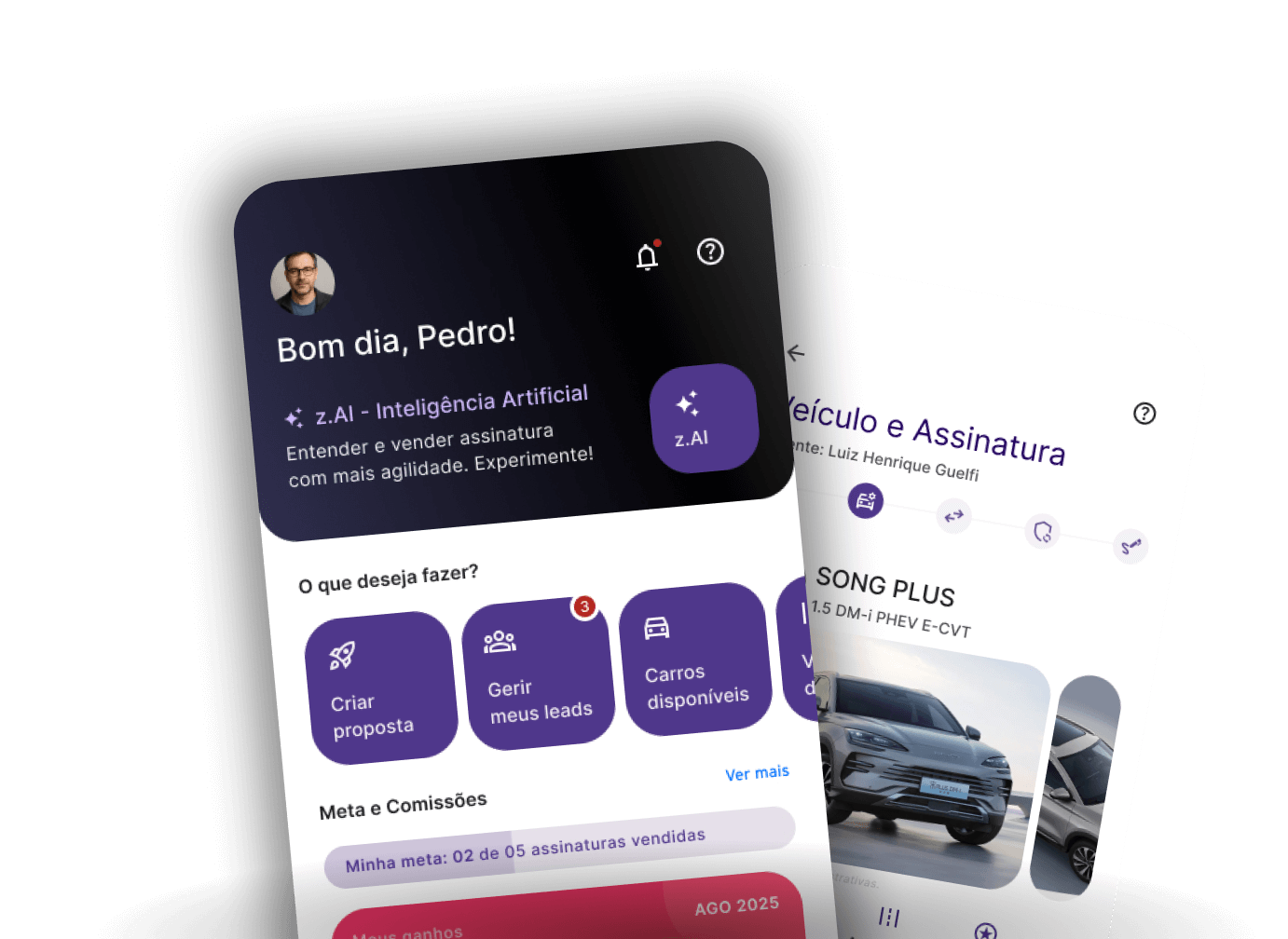Imagem de duas telas da plataforma ZAI aplicadas em mockups
