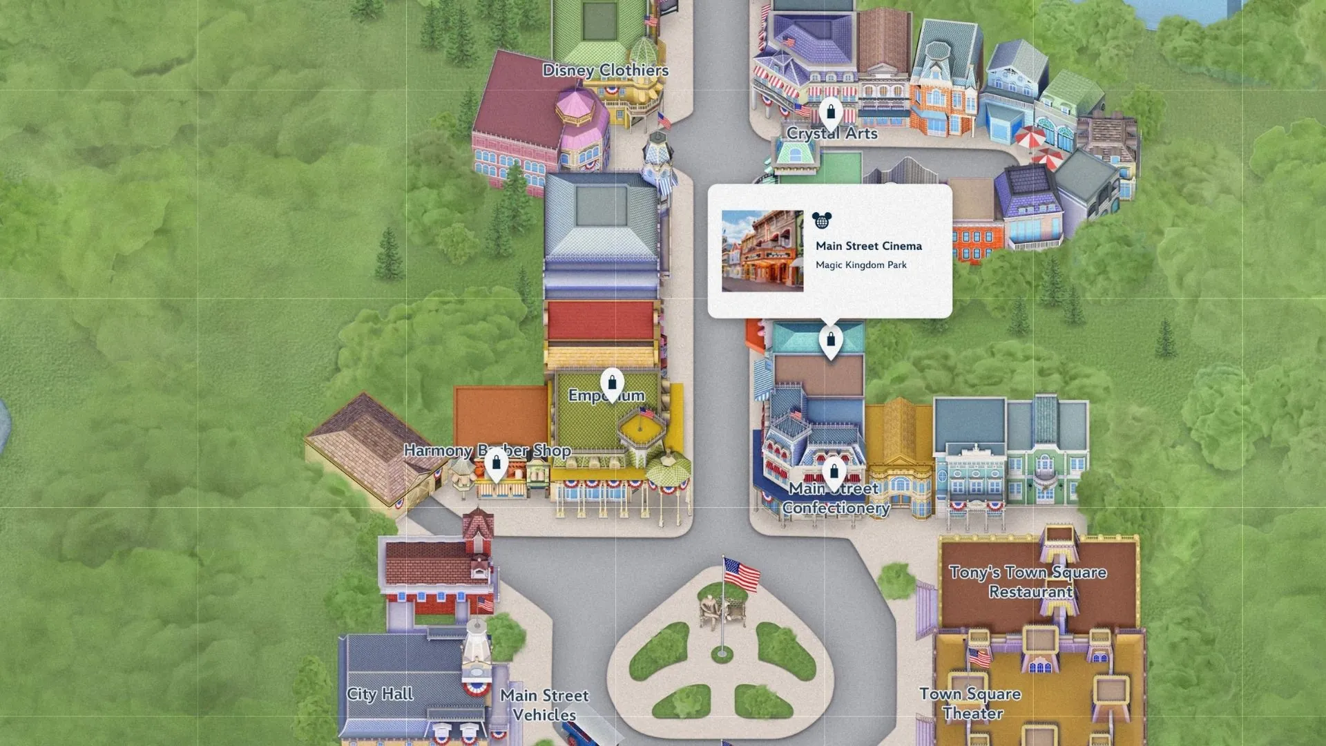 Magic Kingdom Main Street U.S.A. map showing the Emporium, Crystal Arts, and Main Street Cinema near Town Square.