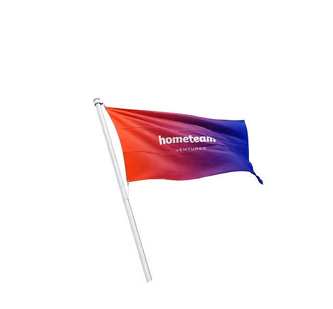 Red and blue gradient flag with the Hometeam Ventures logo waving on a silver flagpole