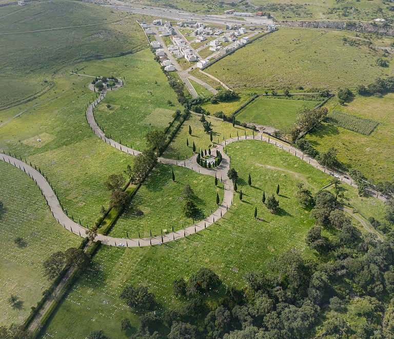 Aerial view of a large green park with winding paved paths, scattered trees, and nearby residential buildings.