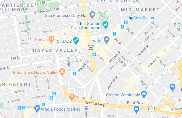 Map showing Hayes Valley area in San Francisco with landmarks including San Francisco City Hall, Bill Graham Civic Auditorium, SFM Jazz, Twitter, Whole Foods Market, Costco Wholesale, and Best Buy.