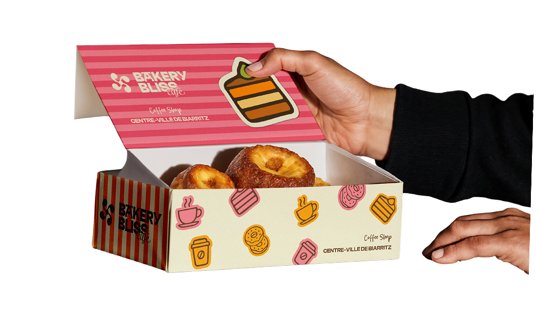 Hand opening a decorated box of pastries from Bakery Bliss café with coffee cup and dessert illustrations.