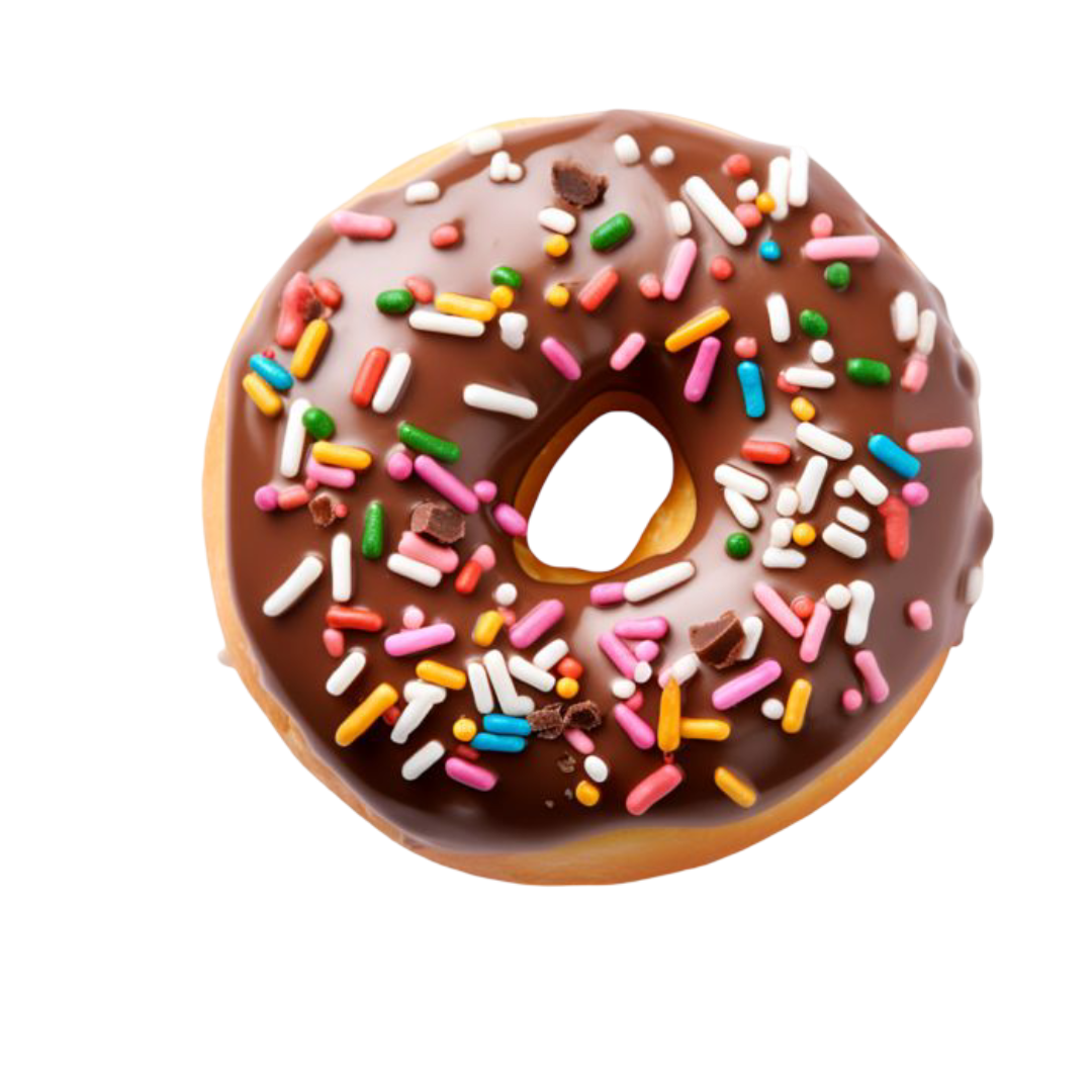 Chocolate glazed donut topped with colorful sprinkles.