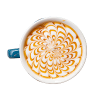 Top view of a latte with intricate caramel swirl latte art in a blue-handled cup.
