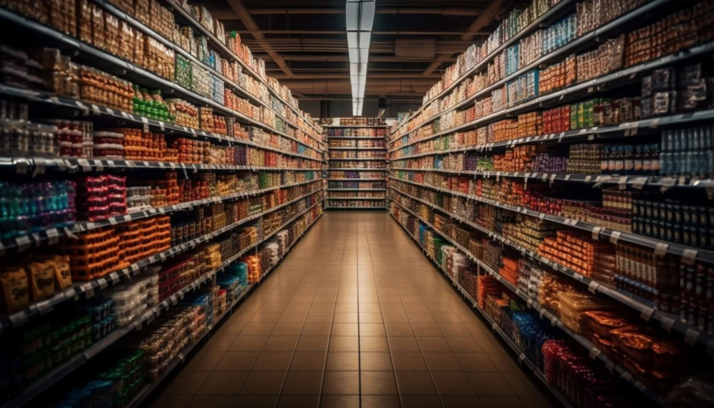 Supermarket interior with shelves full of various products.