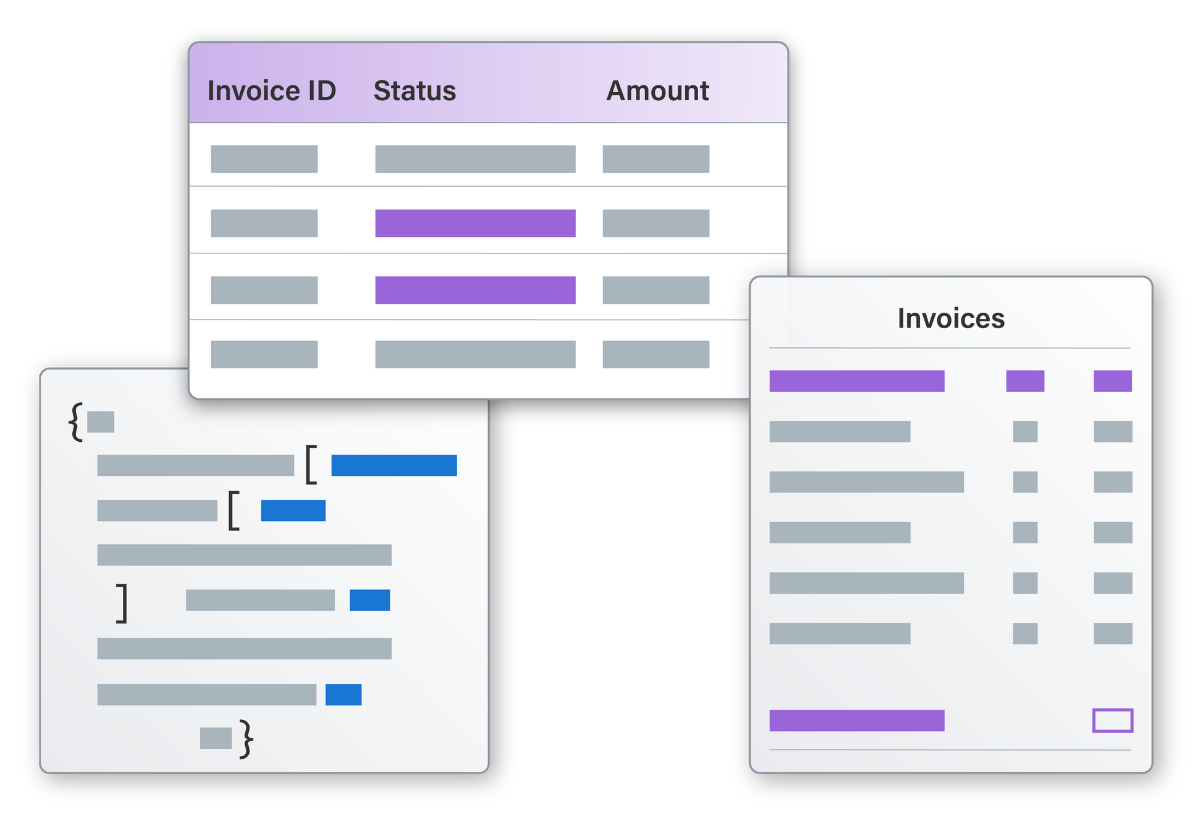 Three stylized data views: invoice table, JSON-like code, and summary list with highlighted elements.