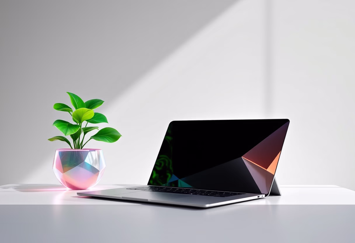image of desk with a laptop and a plant (for a bookstore)