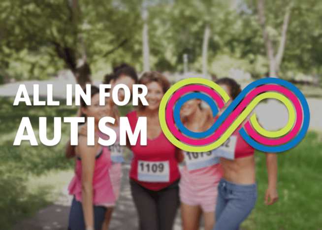 Five women wearing race bibs and athletic clothing smiling outdoors with text All In For Autism and an infinity symbol.