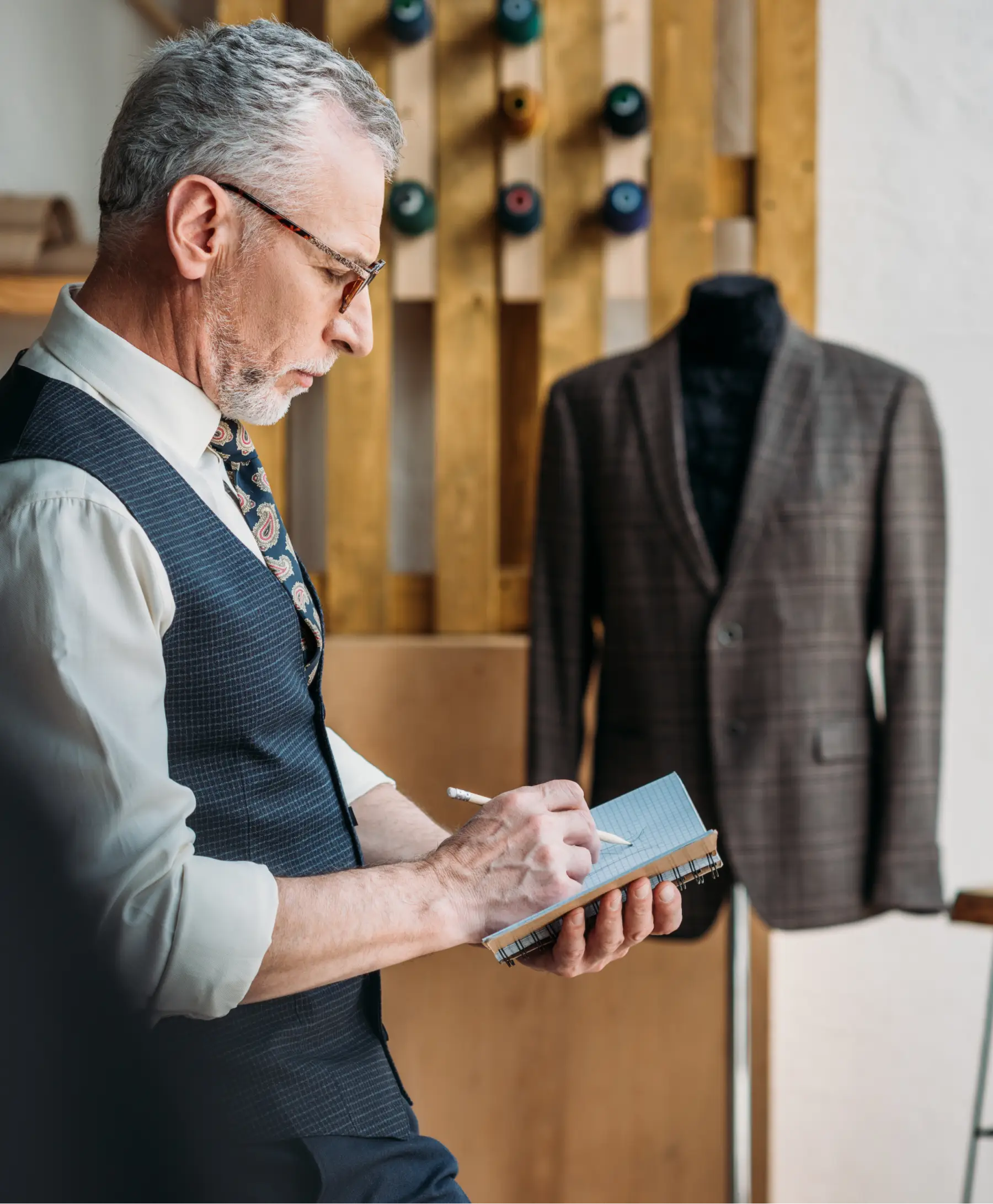Business owner taking notes beside a custom suit displayed in his workshop.