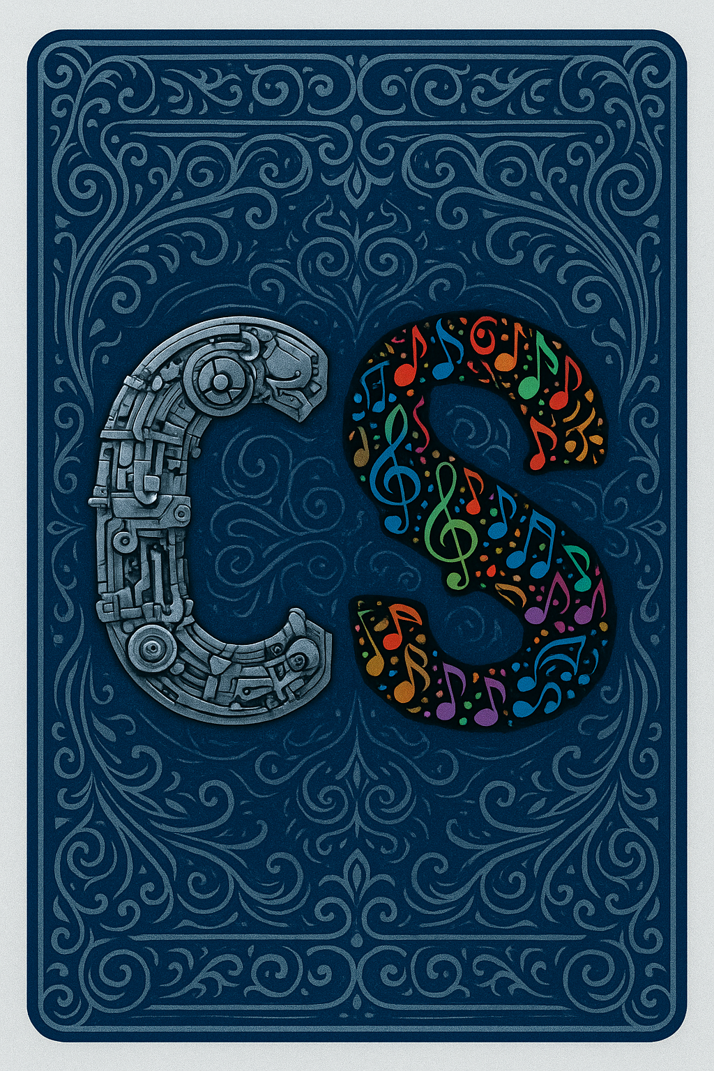 Letter C designed with mechanical and robotic parts on left, and letter S on right filled with colorful musical notes, both on a dark blue decorative background.