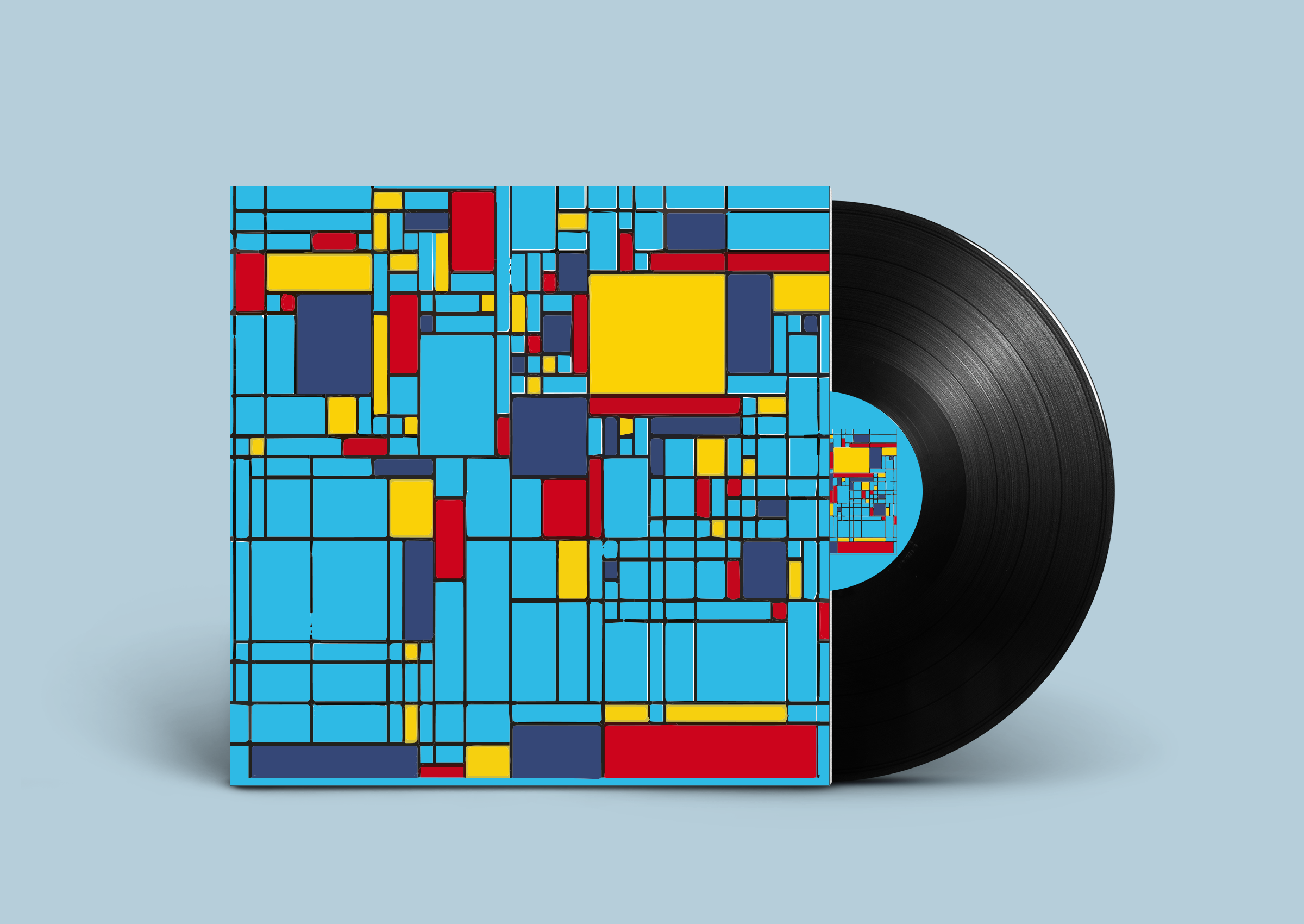 Vinyl record partially in a sleeve with a colorful abstract geometric pattern of blue, red, yellow, and dark blue rectangles.