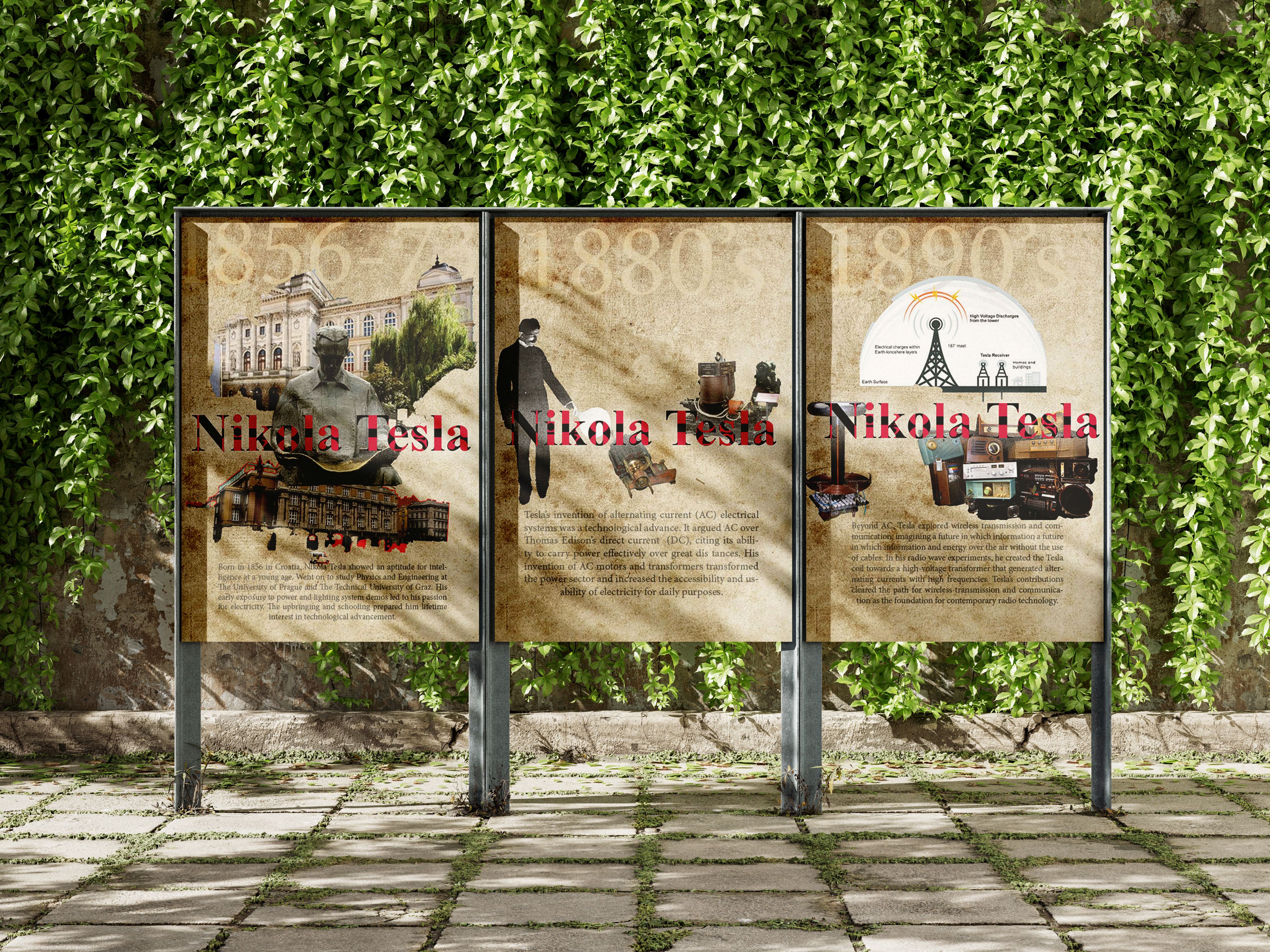Outdoor display of three historical posters about Nikola Tesla, covering the years 1856, 1880s, and 1890s, each featuring images related to his life and inventions.