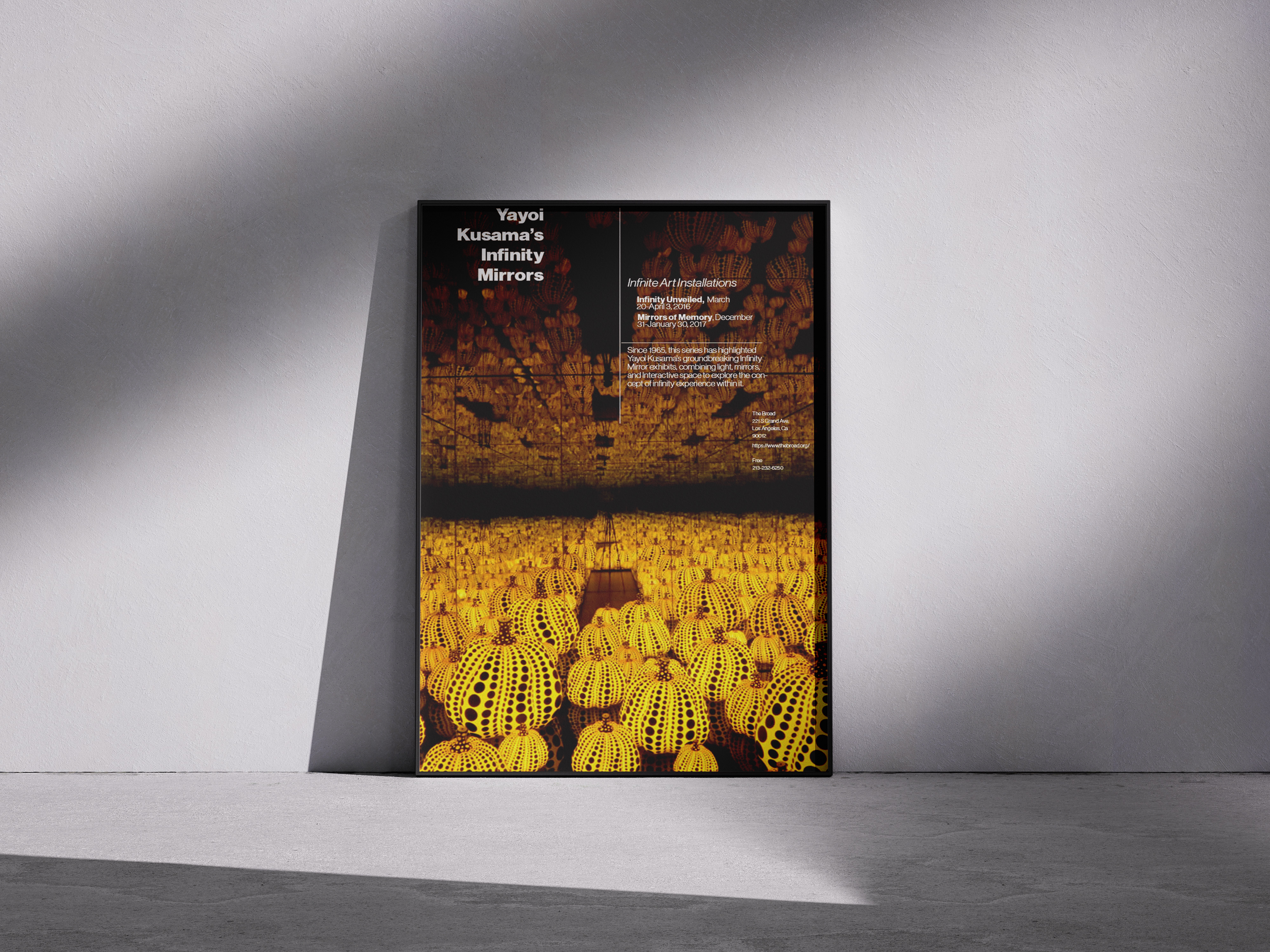 Poster of Yayoi Kusama's Infinity Mirrors exhibit featuring yellow pumpkins with black dots reflected infinitely.