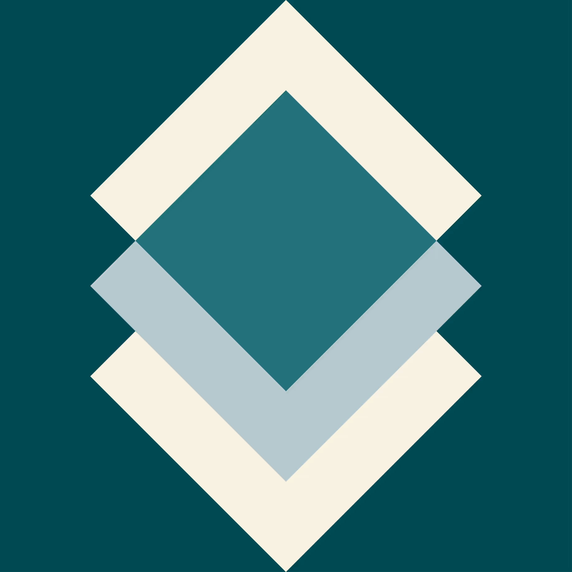 Abstract geometric design with overlapping rotated squares in teal, light blue, and cream on a dark green background.