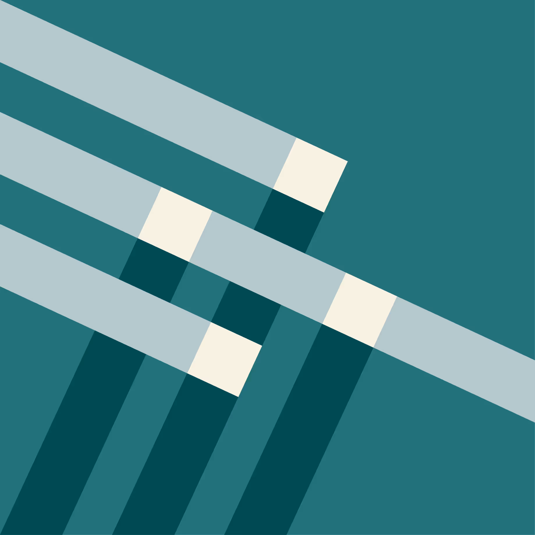 Abstract geometric design with overlapping teal and cream rectangular shapes forming diagonal lines on a teal background.
